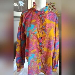 Sundance 100% Cotton bright lightweight ButtonUp Ruffle Collar Blouse Petite Med